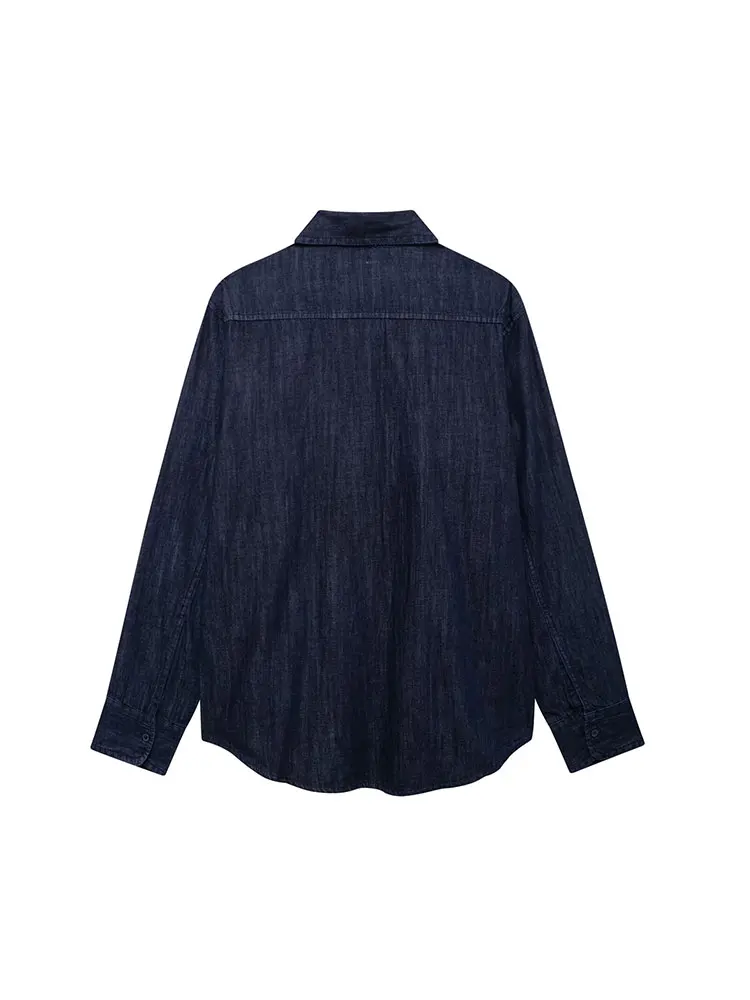 TRAF 2024 Autumn Casual Solid Women Denim Blouse Turn-down Collar Long Sleeve Single Breasted Blouse Fashion Shirts