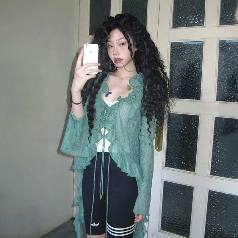 Karrram Japanese Y2k Lace Shirt Vintage 2000s Style Ruffles Blouses Grunge Aesthetics Irregular Green Shirts American Retro 90s