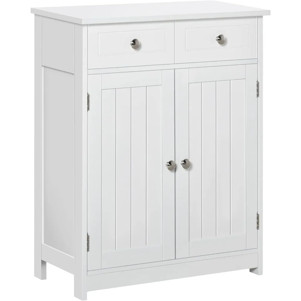 

Freestanding Bathroom Floor Cabinet, Wooden Bathroom Cabinet with 2 Doors, 2 Drawers and Adjustable Shelf, White