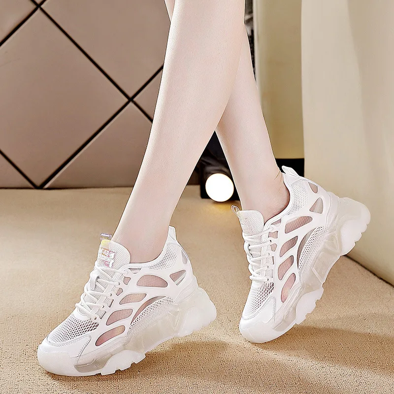 Fujin 8cm Platform Wedge Sneakers Women Shoes Genuine Leather Breathable Air Mesh Women Summer Shoes Chunky Spring Autumn 2024