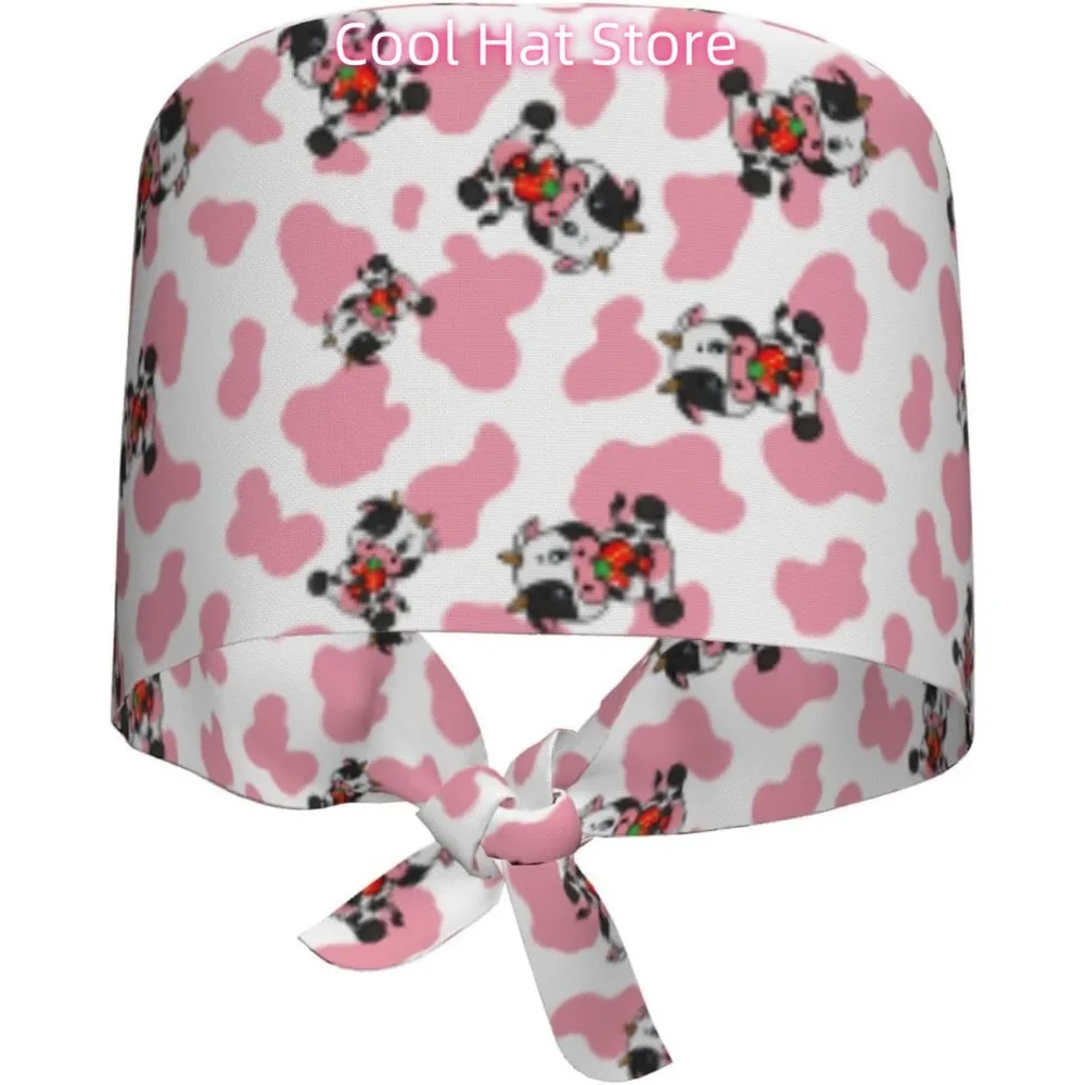 

Pink Cows Strawberry Print Breathable Scrub Hat for Nurses & Doctors Adjustable Working Cap with Moisture-Wicking Fabric