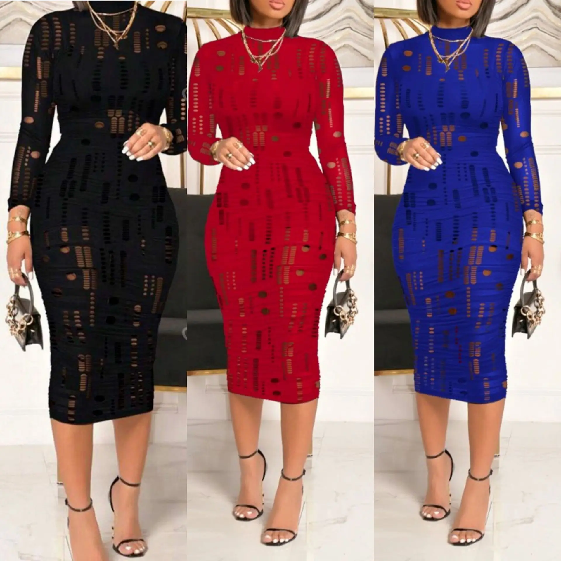 Sexy Long Sleeve Hollow Out Ruched Bodycon Dress for Women Night Out Women's Fashion Skinny Midi Elegant Mermaid Dresses