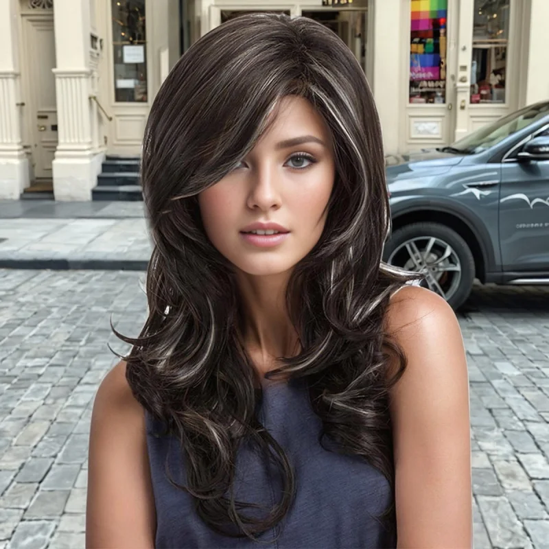 Wigs full head wig for women, pear-shaped hairstyle, gradient color, medium-parted, short, slightly curly, high-temperature fibe