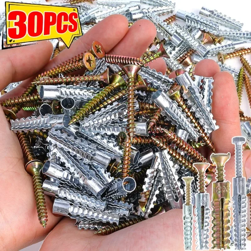 30/10Sets Metal Expansion Tube Pipe Serrated Self Tapping Screws Drilling Plug for Concrete Wall Bolt Anchors Screws Fasteners