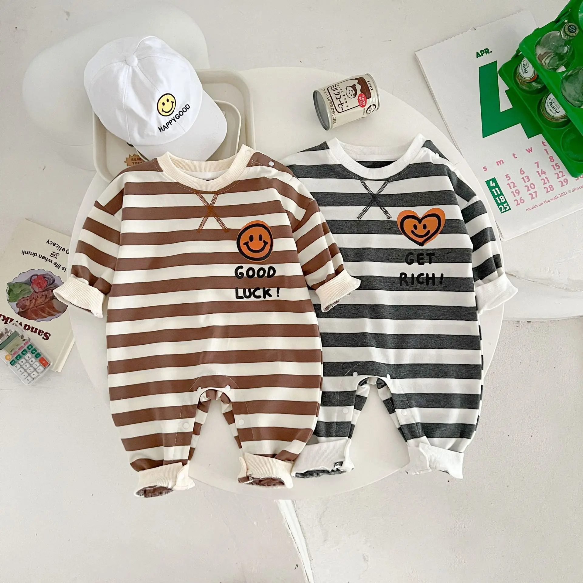 Baby New Autumn 0-2 Years Old Newborn Cotton Yarn Striped Boy Girls Jumpsuit Winter Clothes 0-3 Months