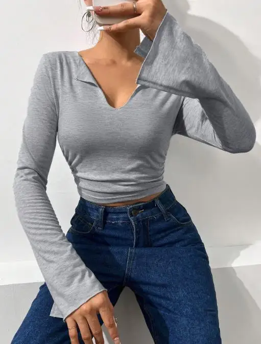 

2026 Autumn Winter Sexy New Casual Women's Clothing Big V-Neck Slim Fit Short Pleated Trumpet Sleeves Long Sleeved T-Shirt Top