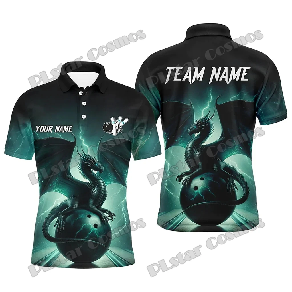 Lightning Thunder Dragon Bowling Ball y Pins nombre personalizado 3D impreso camisa Polo de hombre verano Unisex Casual Polo camisa WK240