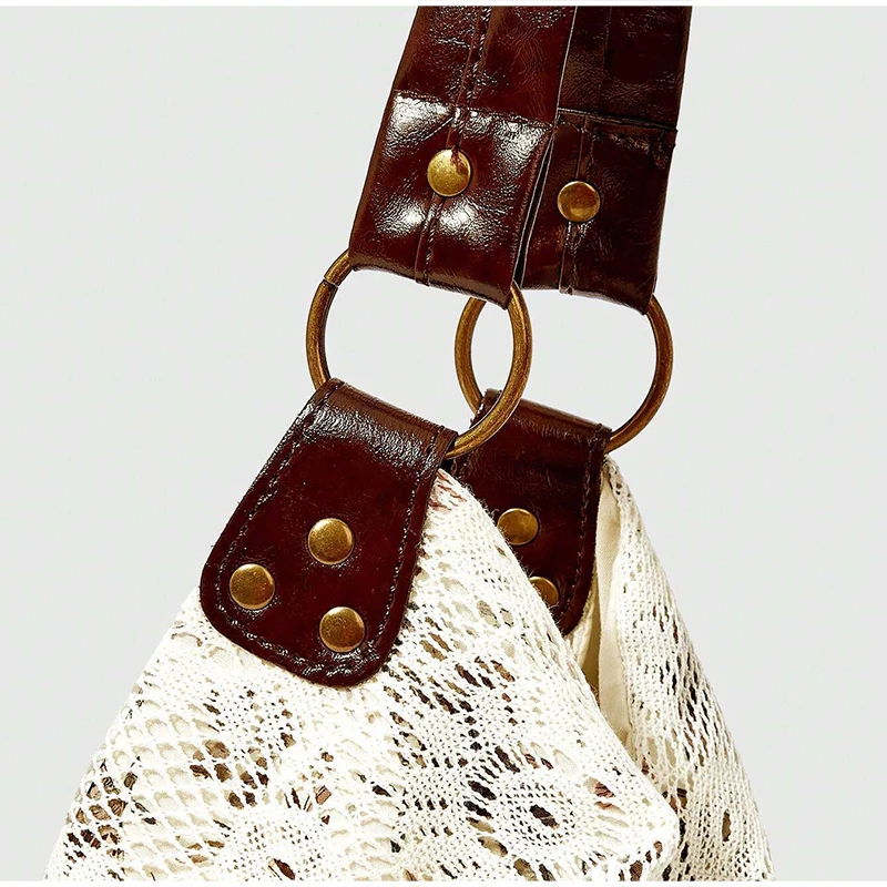 Mori Girl Ditsy-Blumenmuster-Schultertasche mit Spitzenbesatz und Patchwork-Design, Damen-Handtasche im Colorblock-Stil, leichte Vintage-Bohemian-Chic-Tasche – Detail 5