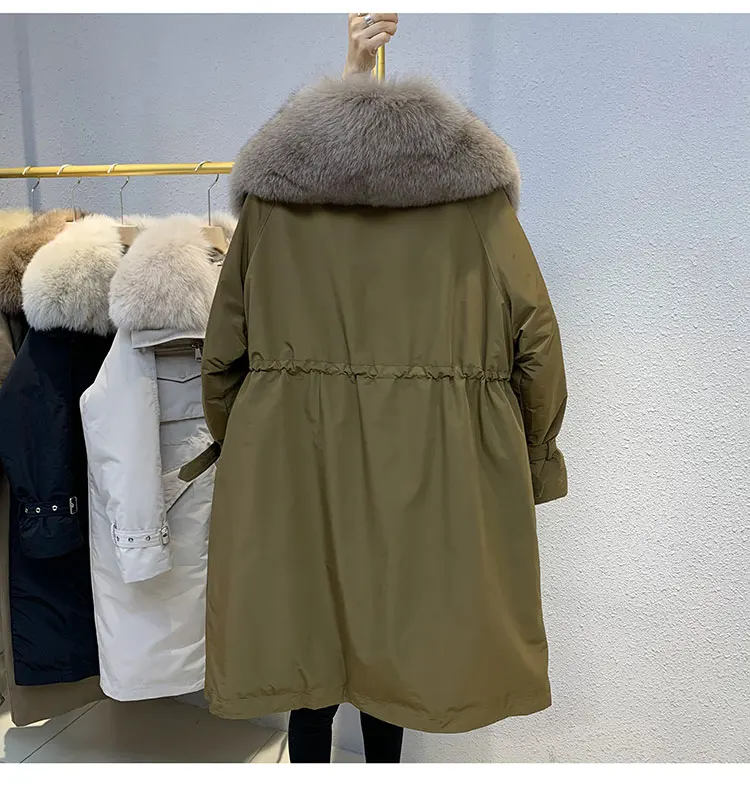 Doudoune mi-longue pour femme avec col en fourrure de renard, parkas décontractées, veste chaude, streetwear surdimensionné, vêtements féminins à la