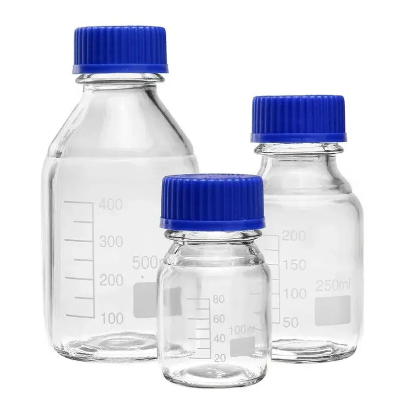 100ml 250ml 500ml 1000ml High Borosilicate 3.3 Laboratory Glass Threaded Reagent Sample Screw Blue Cap Storage Refillable Bottle