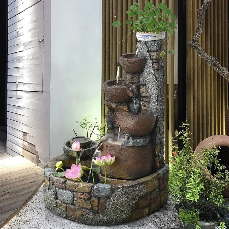 Wealth-attracting flowing water ornament, large garden courtyard landscape balcony fountain, rockery, circular fish pond