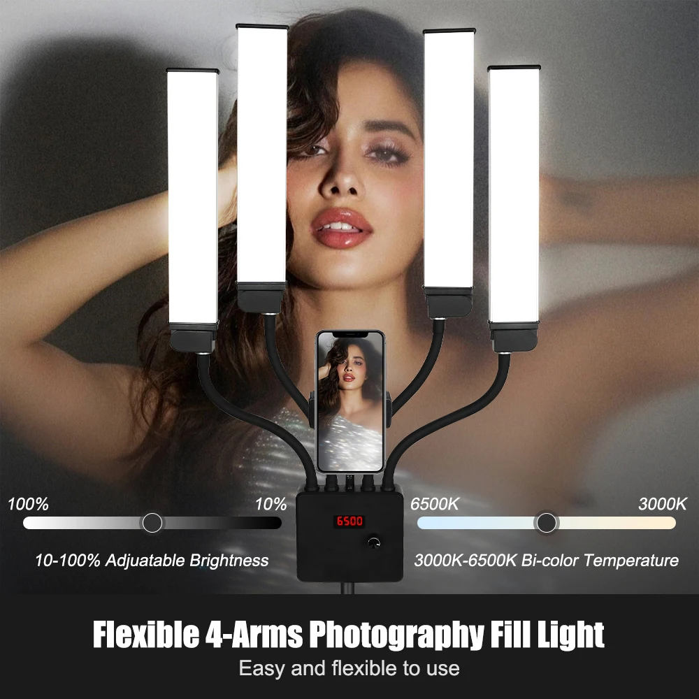 80W Four Arms LED Light Photography Fill Light Professional LED Floor Lamp for Live Stream Video Recording Eyebrow Tattoo Makeup