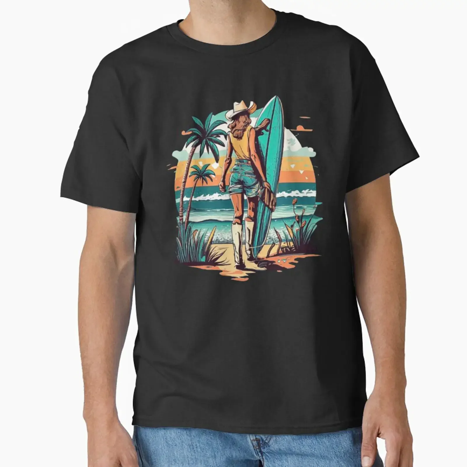 Surfing Cowgirl Illustration Tropical Beach Adventure Art Classic T Shirt vintage Washed Stylish fashion Unisex Casual