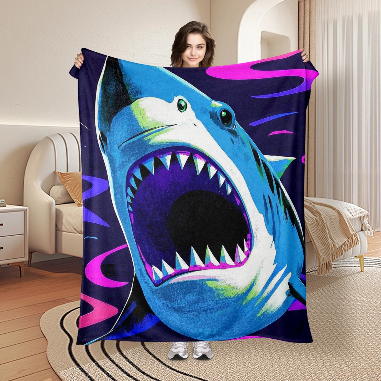 Pop Art Shark Blanket In Blue And Purple Hues With Abstract Design For A Bold And Stylish Home Accent Piece