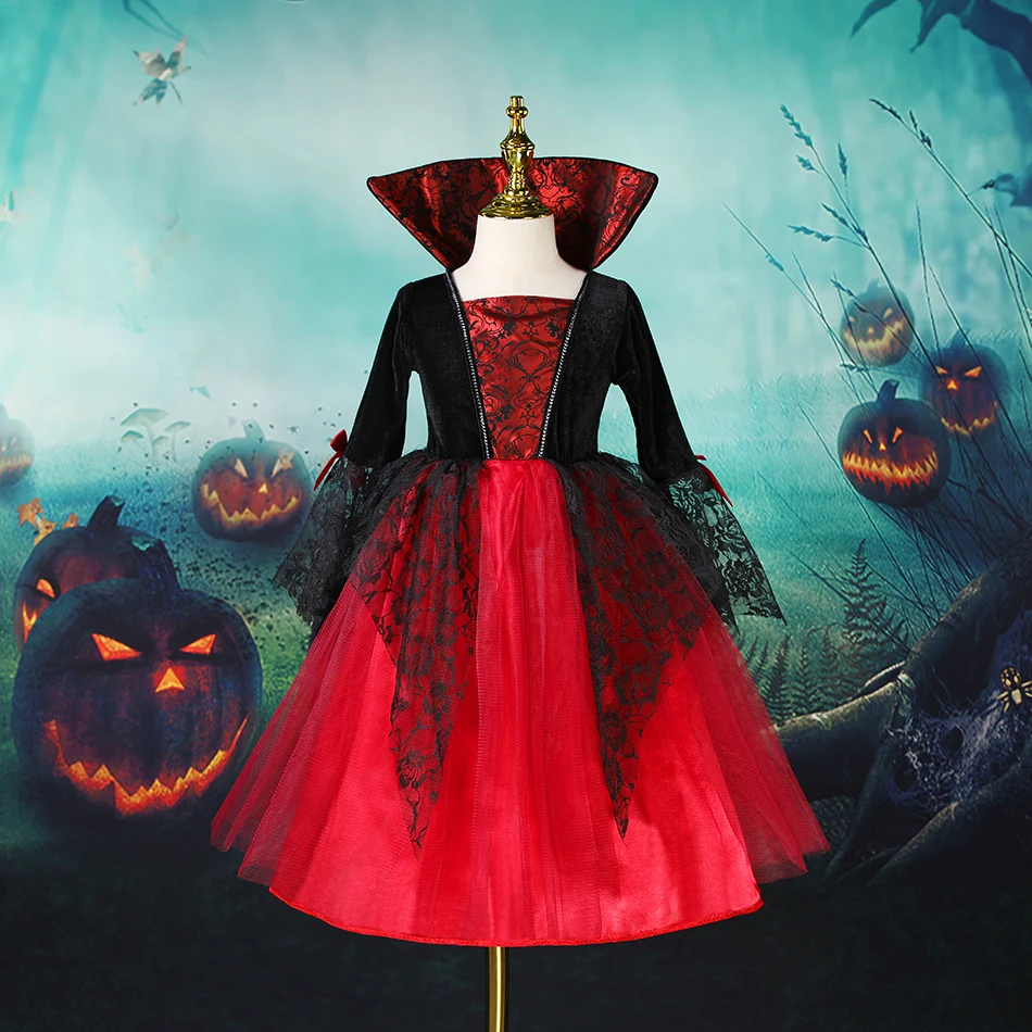 2025 Girls Cosplay Vampire Halloween Dress For Kids Ghost Bride Gothic Costume Count Vampiran Carnival Outfit Black Red Clothes image 2