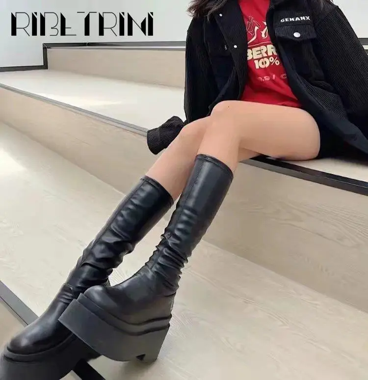 Platform Women Motorcycle Boots Chunky Block Heels Mid Calf Elastic Boots Cool Fashion Punk Gothic Band Winter Comfy Shoes Woman