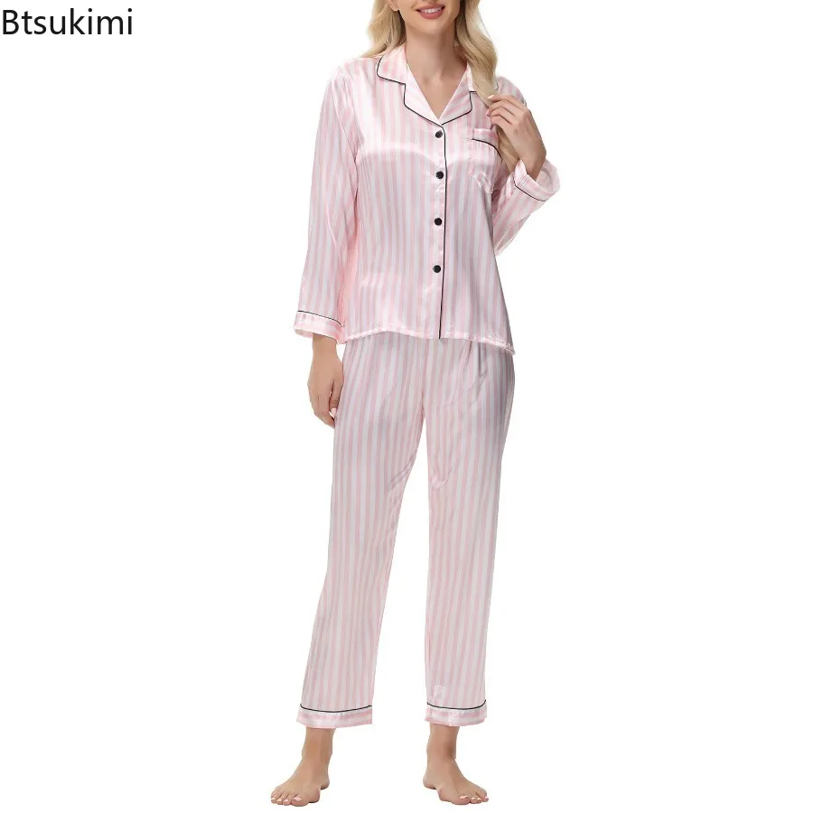 Women 2PCS Ice Silk Pajamas Set Spring Autumn Long Sleeve Button Up Shirt and Casual Loose Elastic Pants Sleepwear Loungewear