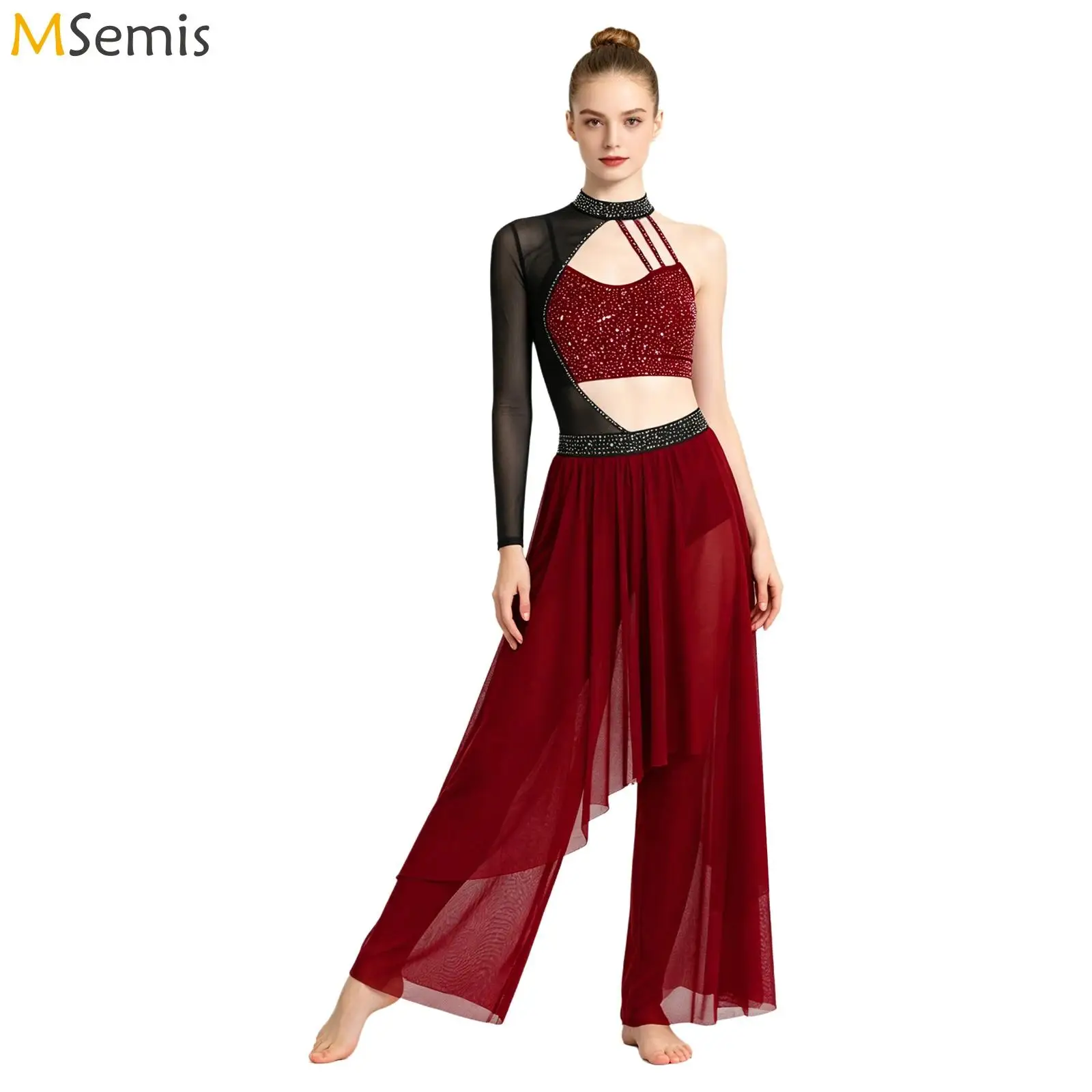 Women Lyrical Contemporary Ballet Dance Performance Costume Sequin Bodice Mesh Wide Legs Built-in Briefs Jumpsuit Dancewear