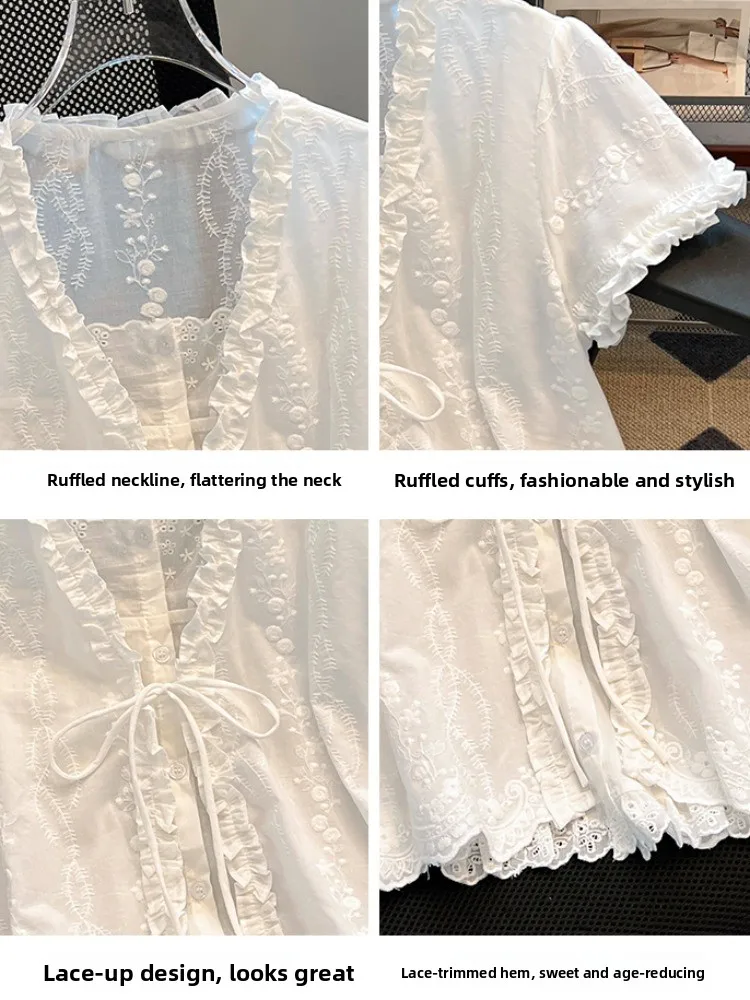 Summer ort Sve Embroidered Ruffle Hem irt Women's Korean Sle Loose Fit Lace Collar Single Piece  Knot Design
