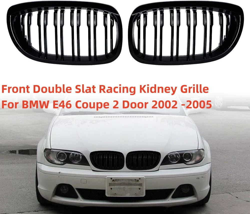 Front Bumper Kidney Double Slat Racing Grille For BMW E46 2-Door Coupe Cabriolet 2003-2006 1Pair Glossy Black Car Kidney Grill