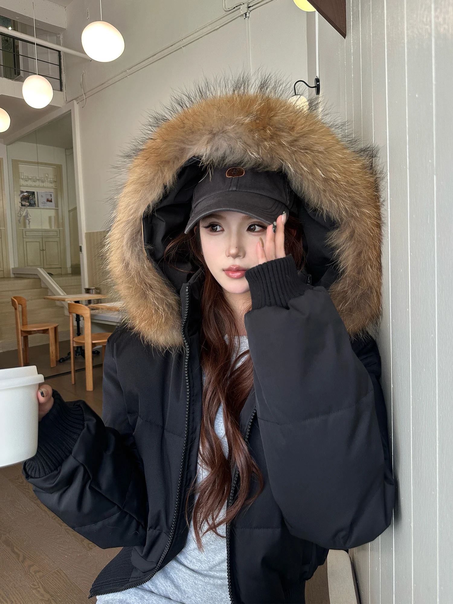 

MOXI90 Women's ort Puffer Jaet Hooded Du down Thi Warm Cotton Coat Korean Sle Winter Outerwear with Fur Collar