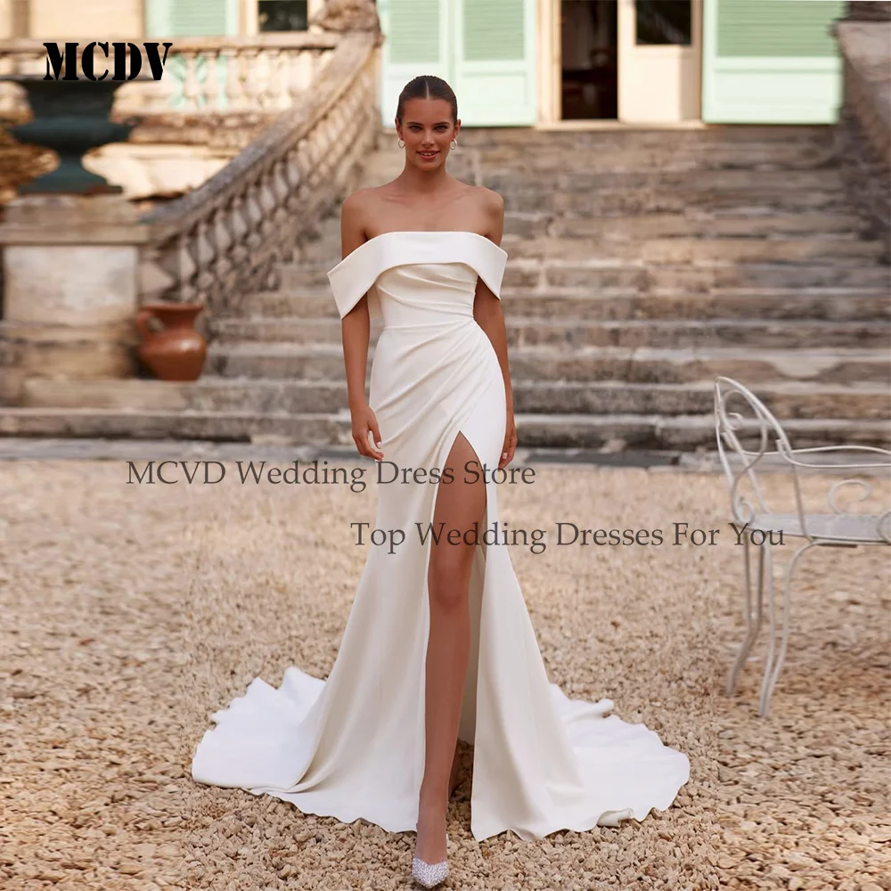 

MCDV Satin Wedding Dress Elegant Off Shoulder Pleat Mermaid Split Simple Bride Party Dress vestidos de novia 2026 Customized