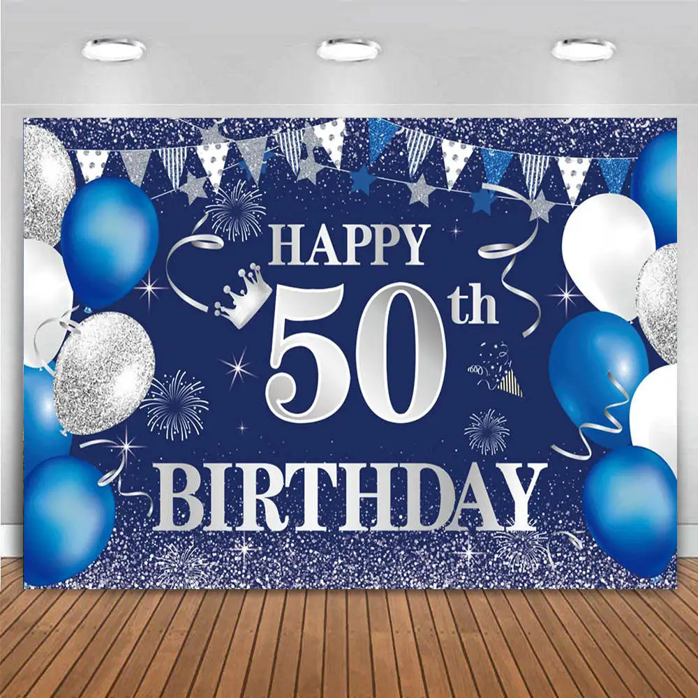 Happy 50th Birthday Party Decoration Backdrop Black Gold Navy Blue Silver Red Background For Adult Men Women Fifty Years Old