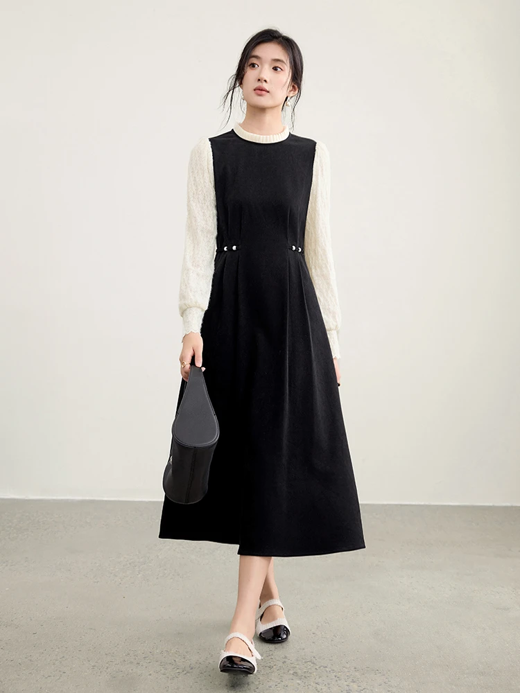 

SENTUBILA Women's Elegant Commuter Dress Autumn 2025 Contrast Color Block Dress & Tie Waist Corduroy Mock Two Piece 153LI3103
