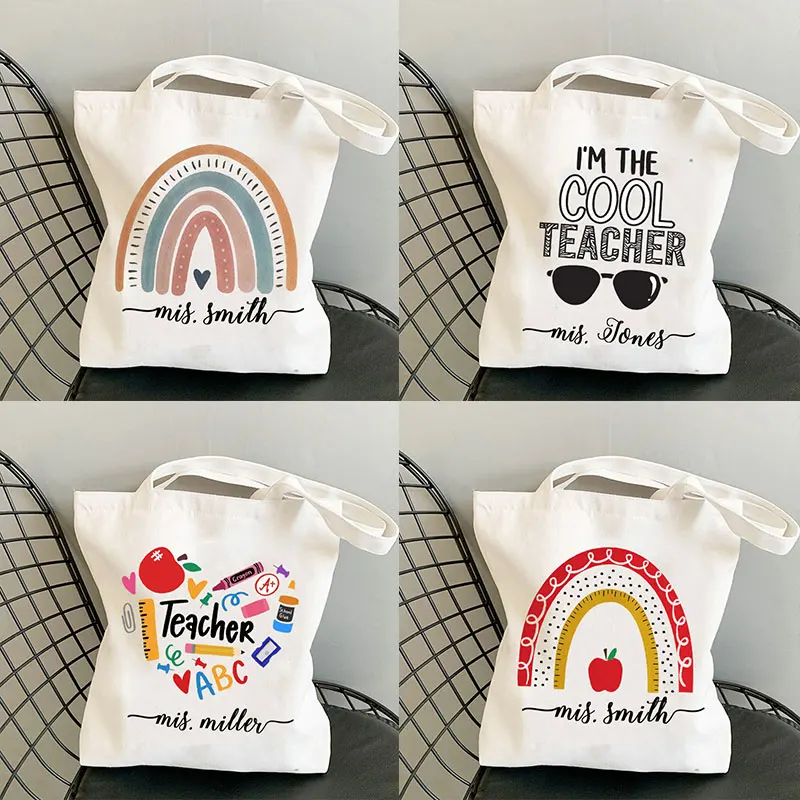 Sacolas personalizadas para presente do professor, bolsa com nome personalizado, presentes para festa, bolsa de ombro, bolsa de lona, reutilizável,