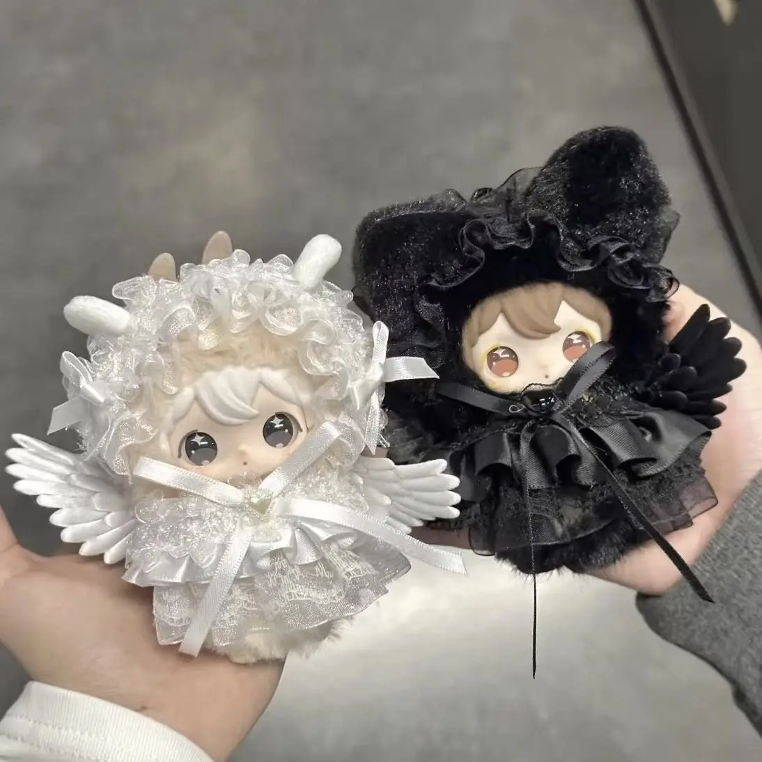 Black White Angel 10cm Plushie Outfit Accessory, Lace Cat Ear Decoration with Wings, for Anime Kpop Merch Shooting Decor Layout