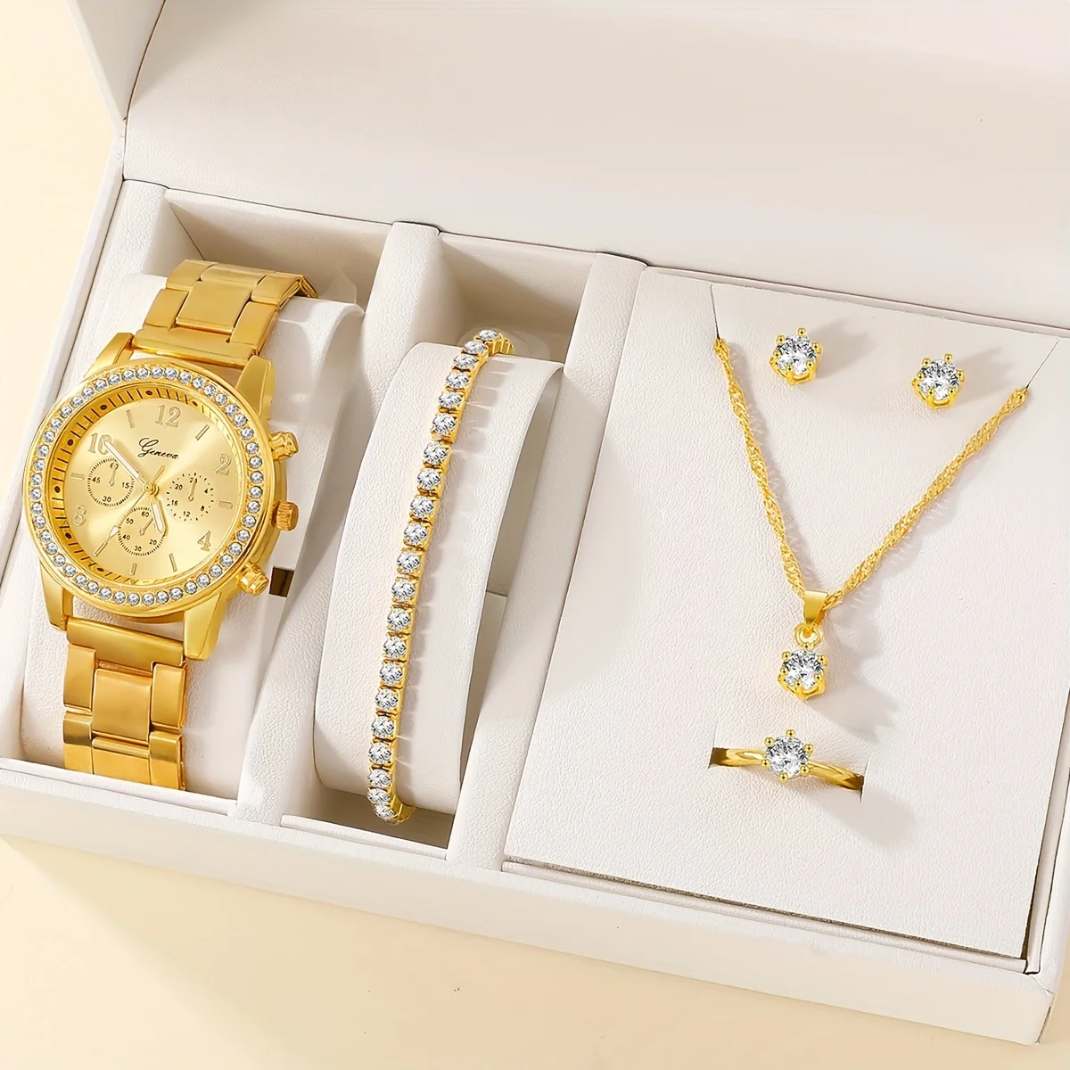 

Elegant 6-Piece Quartz Women's Watch & Jewelry Set - Stainless Steel with Rhinestones, Mom's Perfect Gift