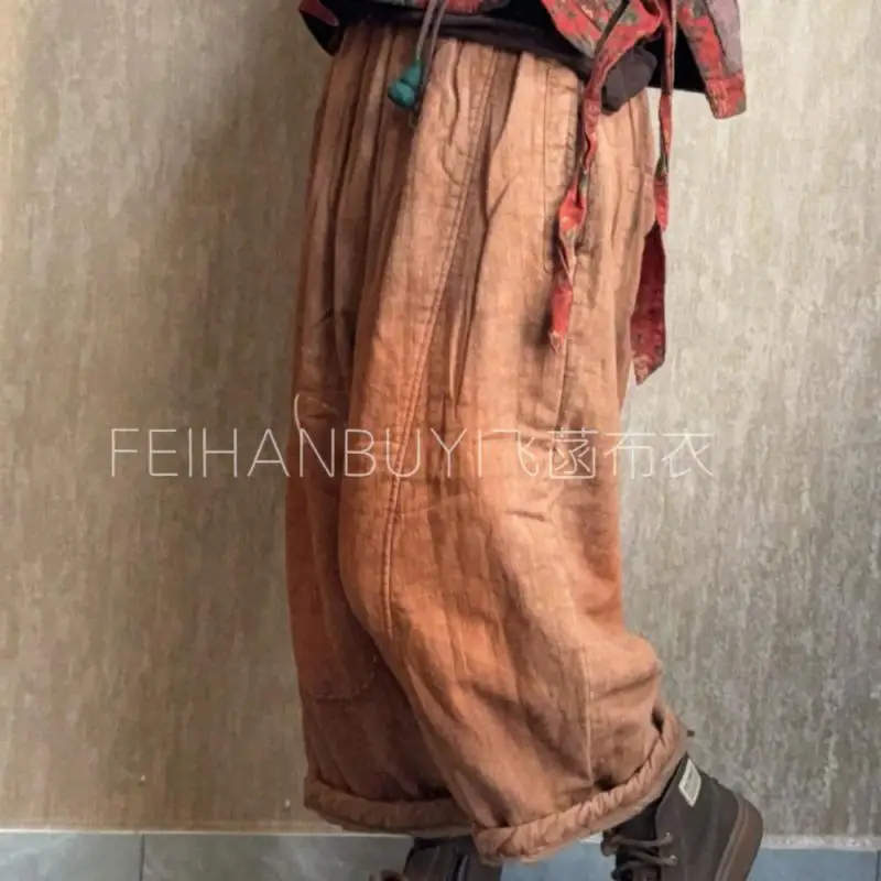 กางเกงขายาวทรงฮาเร็มสไตล์วินเทจผ้าฝ้ายลินินเนื้อหนาอุ่นสำหรับผู้หญิงเอวยางยืดทรงหลวมความยาวระดับข้อเท้าคุณภาพสูงสำหรับฤดูใบไม้ร่วงและฤดูหนาว