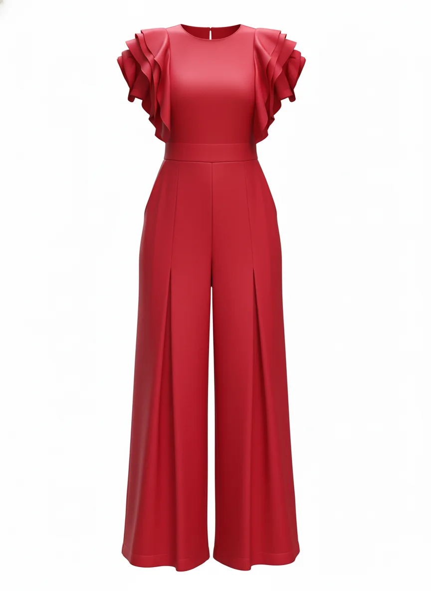 

UOOZEE Women's Red Ruffle Sleeve Jumpsuit Elegant O-Neck Wide Leg Pants Romper 2025 Fashion Party Office Casual One Piece Outfit
