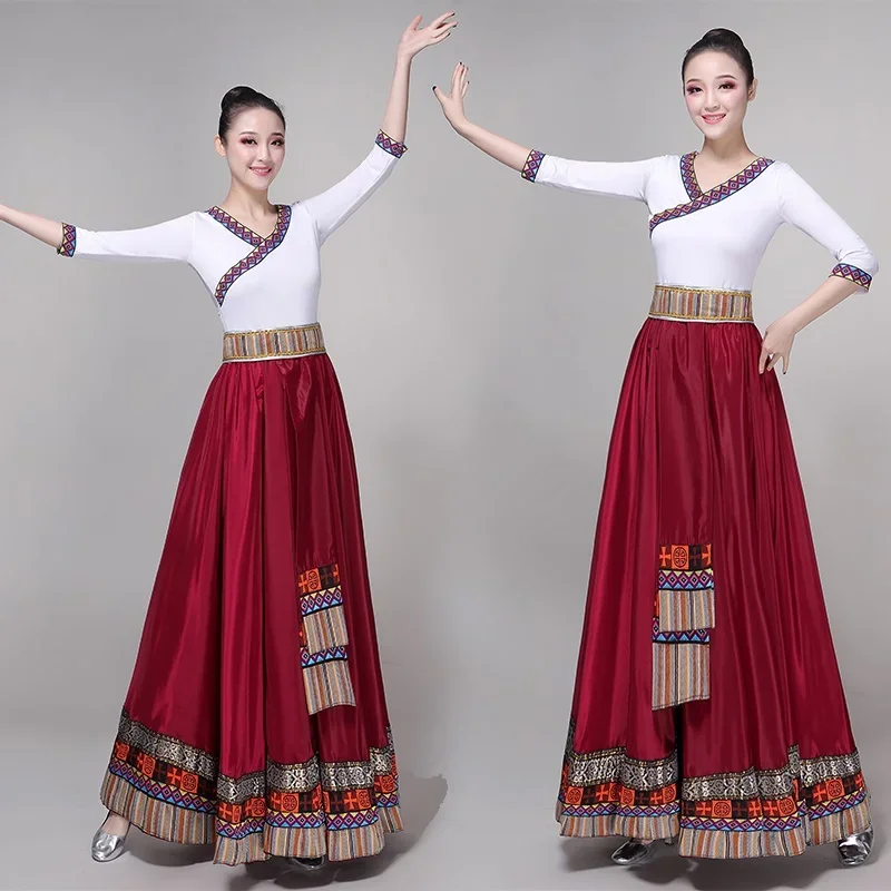 Chinese Traditional Costume Stage Dance Wear Folk Costume Performance Festival Tibetan Outfit Long Skirt For Women Dancing 12647