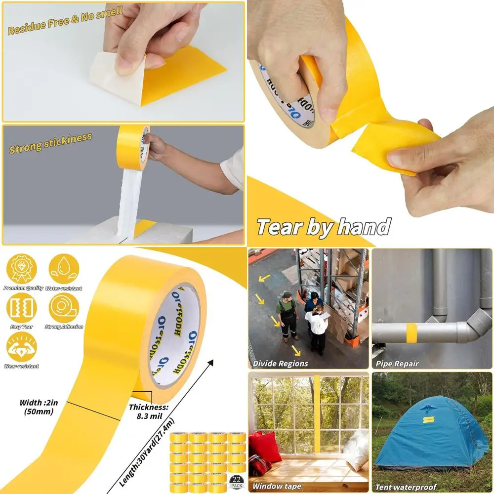 

Прочная желтая клейкая лента (22 шт. в упаковке), 8,3 мил, 2 x 30 ярдов, промышленная прочность, гибкая, водонепроницаемая, легко рвется, многоцелевая