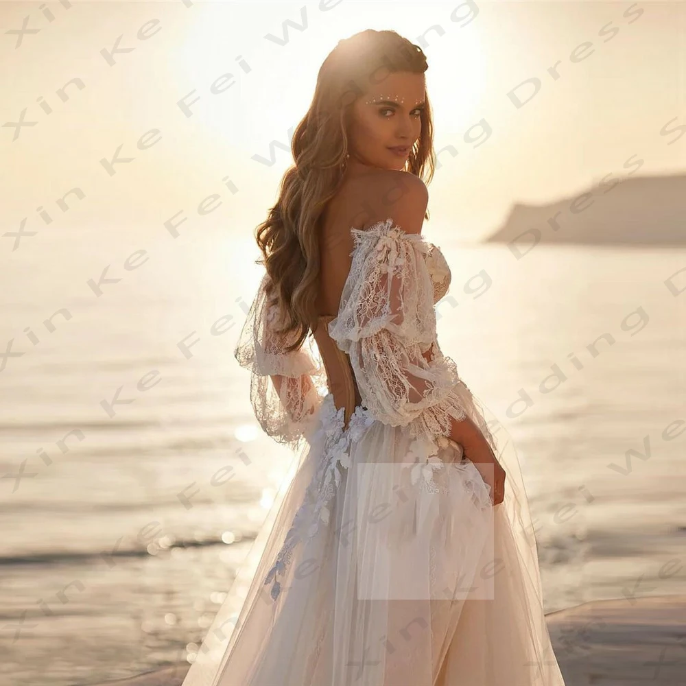 Exquisitos vestidos de novia con apliques de encaje para mujer, vestidos de novia elegantes y sexys con hombros descubiertos, estilo princesa esponjoso, fregado Simple