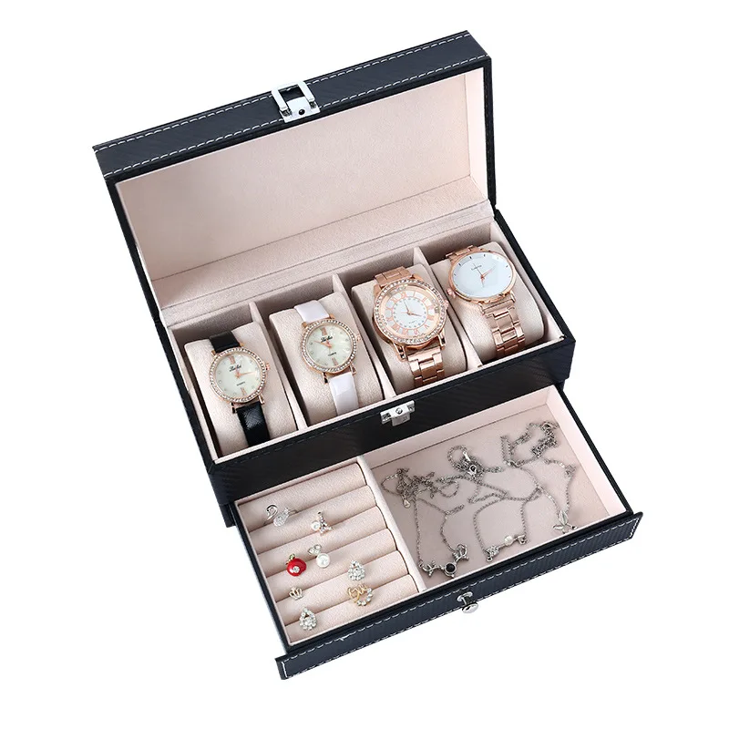 Double-layer Watch Storage Boxes Up Leather Necklace Ring Earrings Bracelet Jewelry Organizers Cases Large Space Display Stands