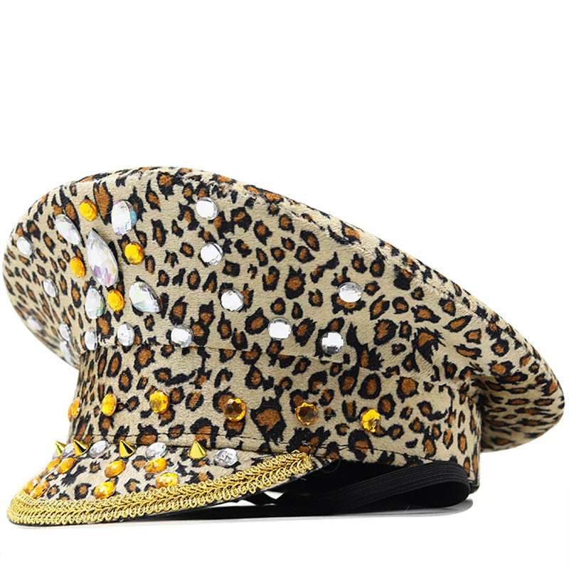 

Military Style Captains Hat With Punk Rivet Women Leopard Army Hat Cortical Sergeant Police Cap Rave Festival Cosplay Hat