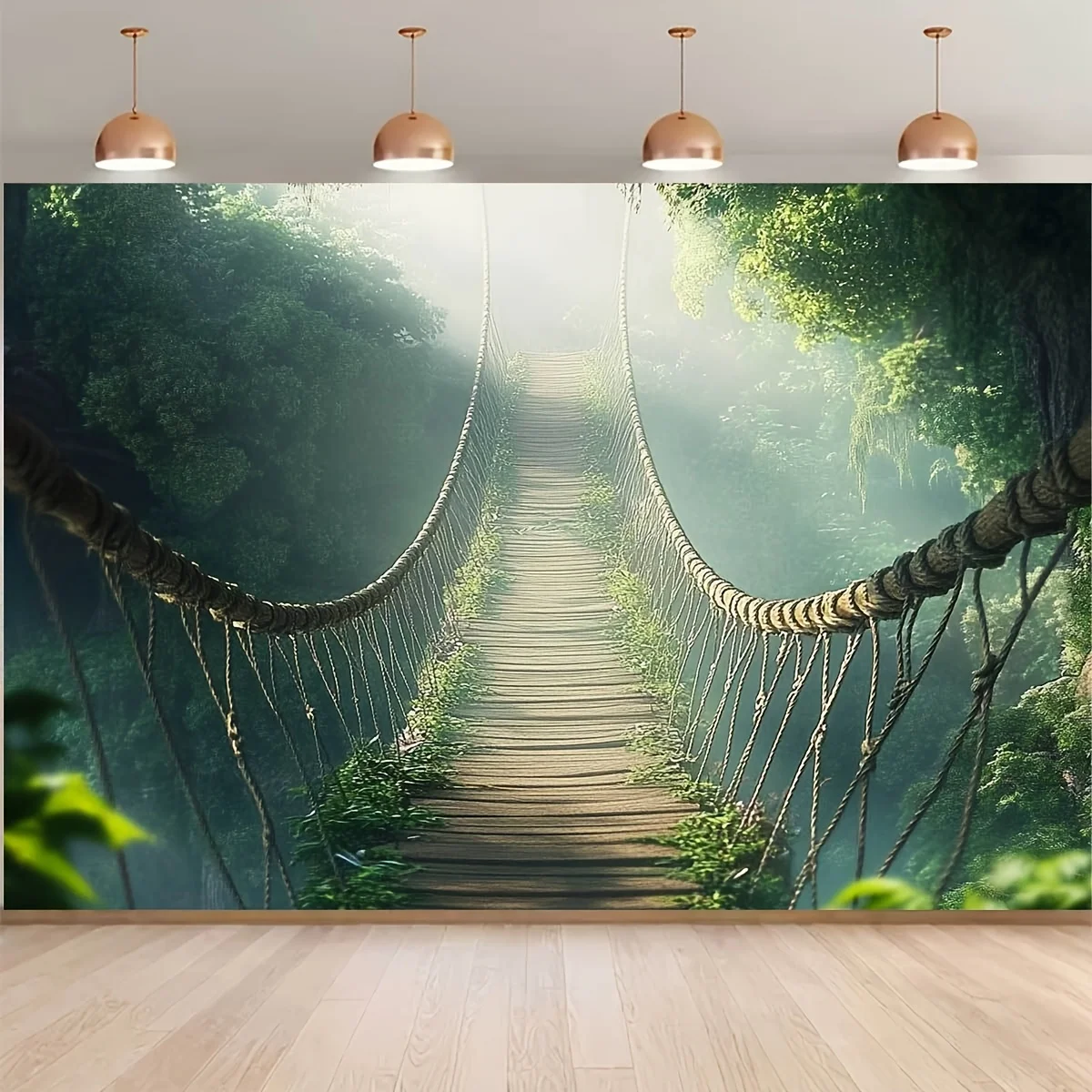 Bannière de fond 2D avec paysage forestier de pont suspendu, idéale pour les fêtes, les décorations événementielles et les paysages.