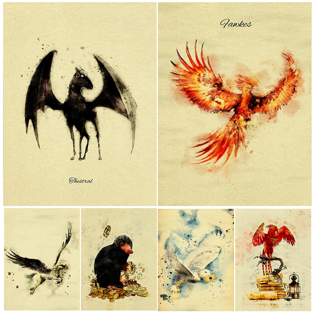 Hippogriff,Phoenix,Thestral,Niffler Wizarding Art Poster And Print Mysterious Magical Creatures Vintage Wall Art Canvas Painting