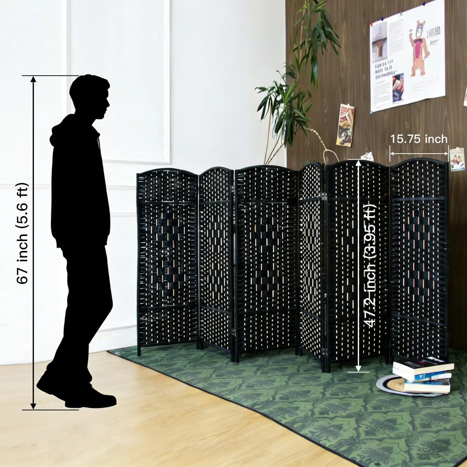 6 Panel Black Rattan Room Divider for Room Separation, 47.2
