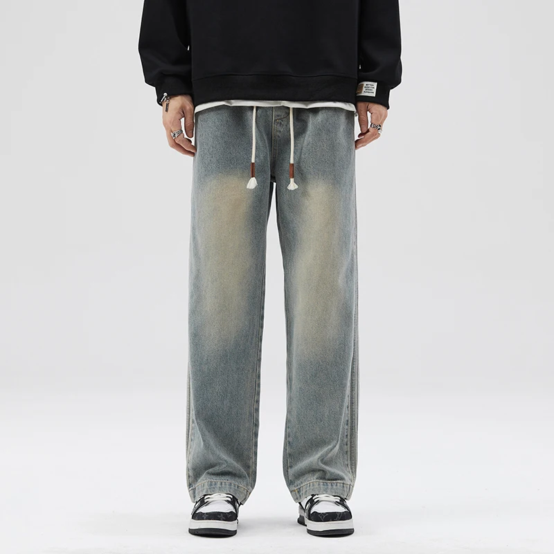 

Mens Baggy Pants Jeans Loose Fit Wide Leg Denim Pants Retro Blue Black Elastic Waist Side Striped Students Cowboys Male Trousers
