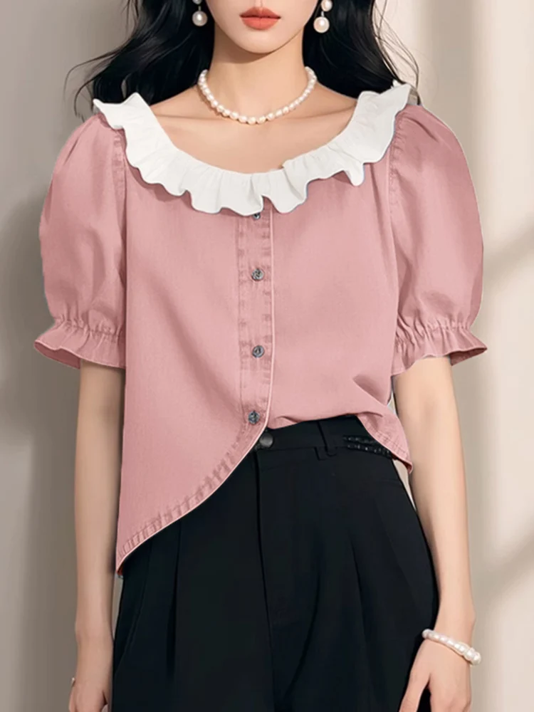 بلوزة نسائية من ZANZEA قمصان مكتب صيفية أنيقة بأكمام قصيرة منتفخة قميص عمل OL بحاشية غير منتظمة بلوزات مرقعة تونك نسائية #5