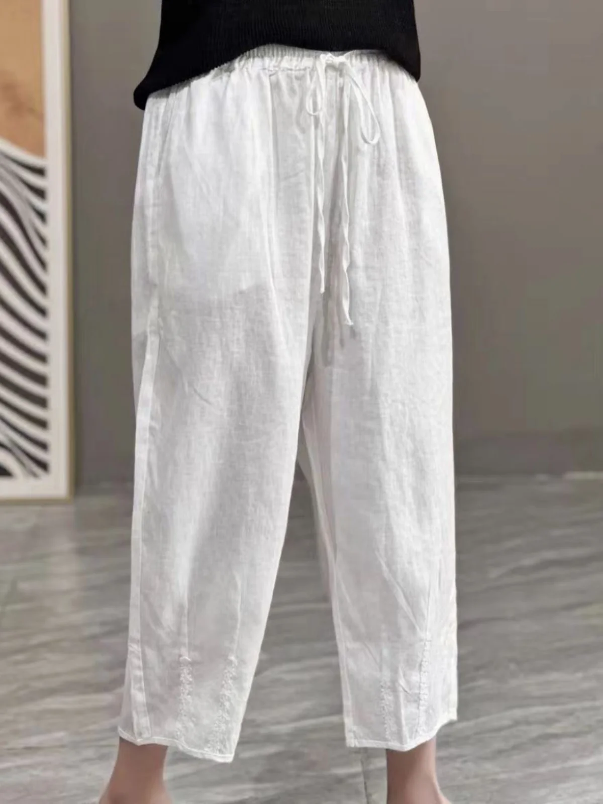 الفني لون نقي الدانتيل المرقعة القطن الكتان سراويلي حريمي الصيف حجم كبير المرأة عالية الخصر مربوط عادية سبعة أقدام السراويل