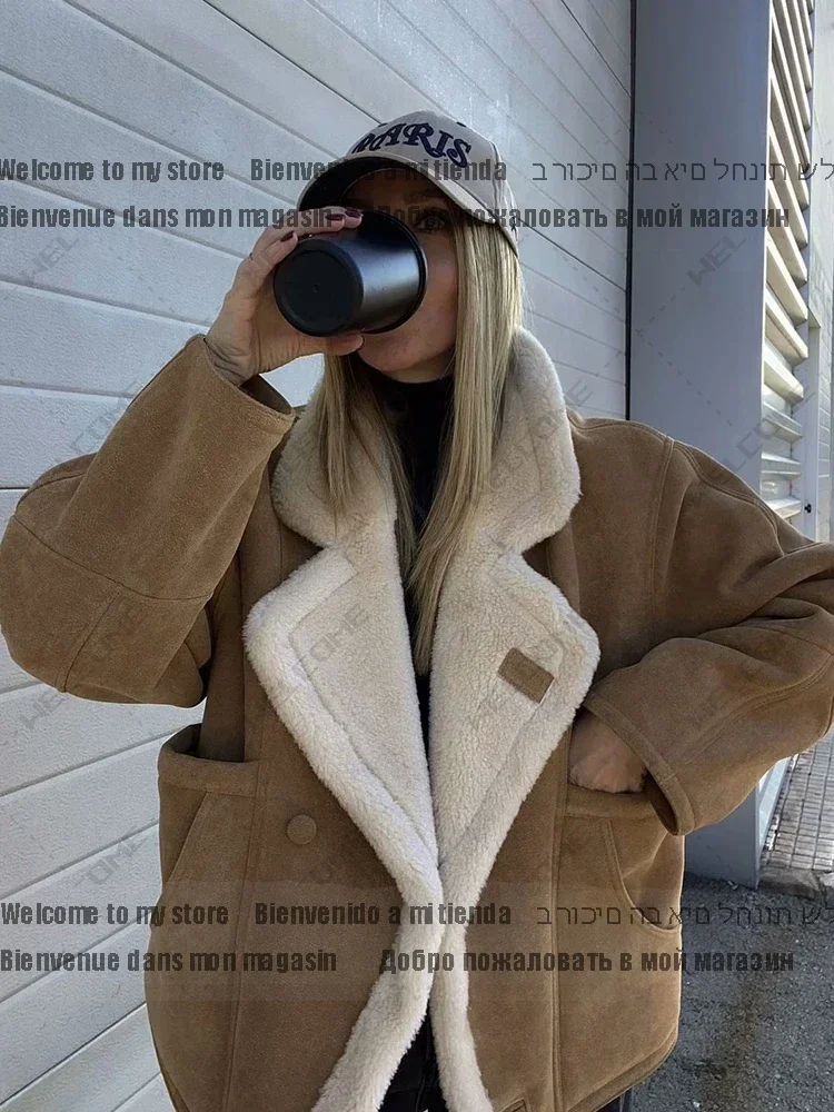 Women 2025 Winter Long Sleeve Button Fleece Coats Female Hip Hop Street Fluffy Outerwear Fashion Oversize Loose Lamb Jacket For