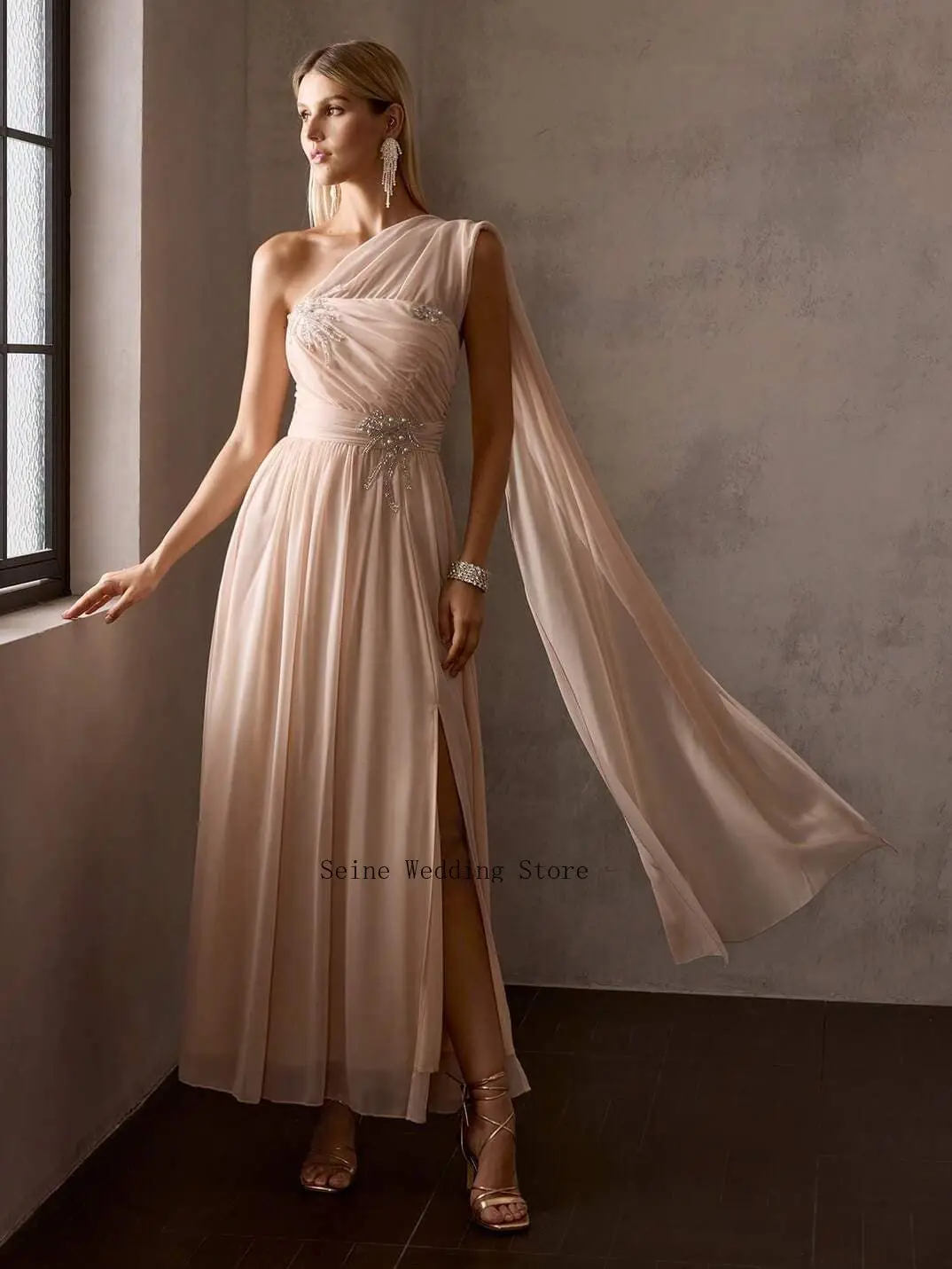 Customized Blush A Line Chiffon Evening Dress Lace Crystal Beading One Shoulder Sleeveless Wedding Party Formal Occasion Gown