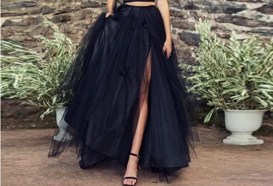 Saia de tule preto lado split puff tule maxi tutu saias das mulheres drapeado moda feminina saia de festa