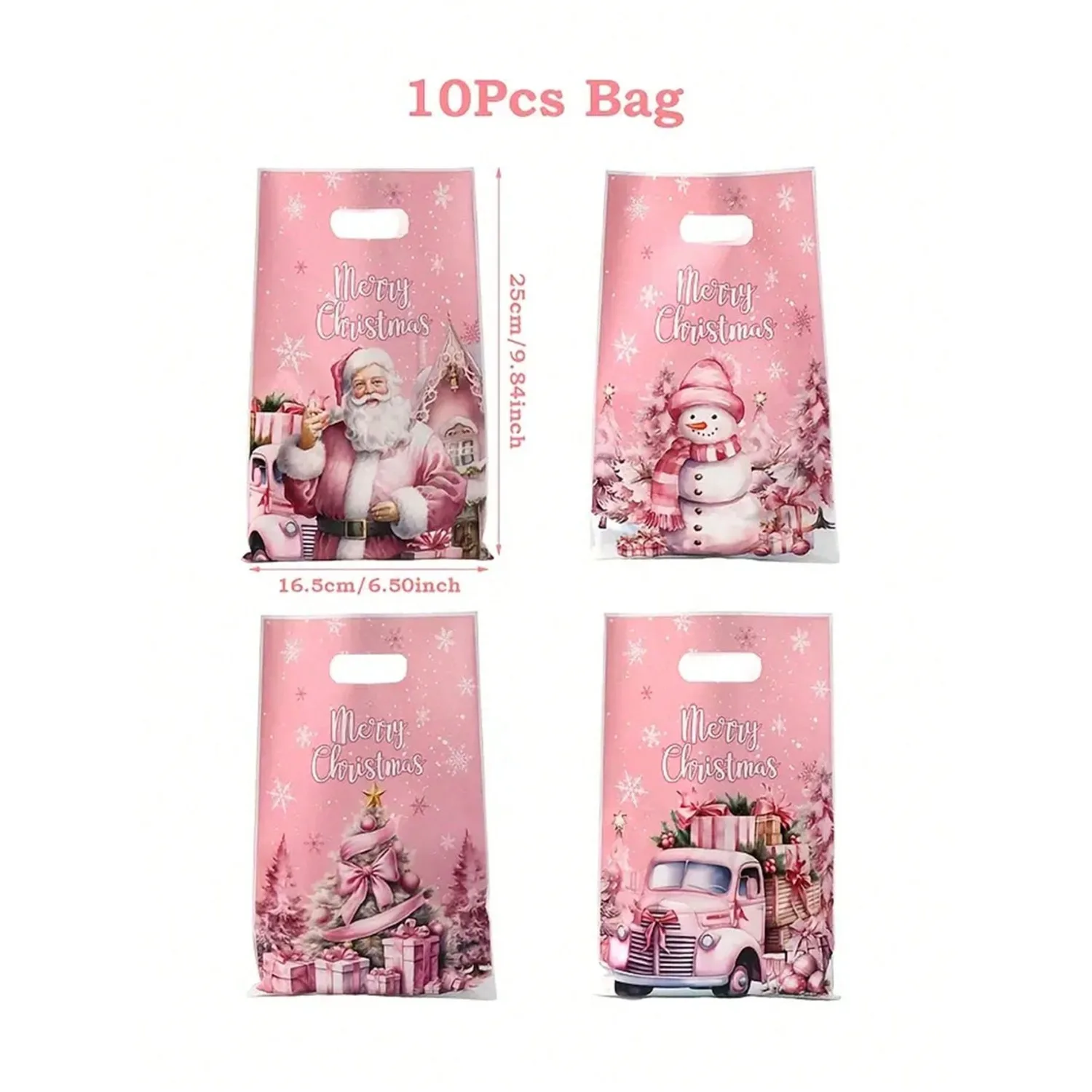 Bella borsa regalo di Natale rosa! Disegni natalizi da 10 x 6,5 pollici sfusi (confezione da 10/25), perfetti per regali di Natale e feste.