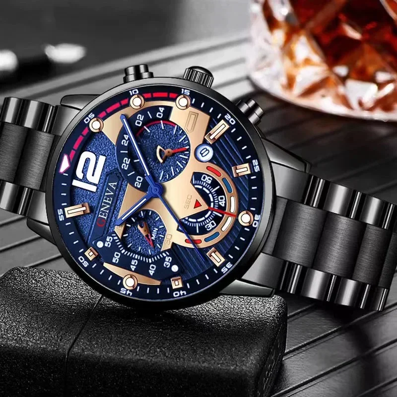 New Geneva Leisure Business Men\'s Watch Fashion Three Eyes Military Quartz Watch Stainless Steel Waterproof Gentleman Wristwatch