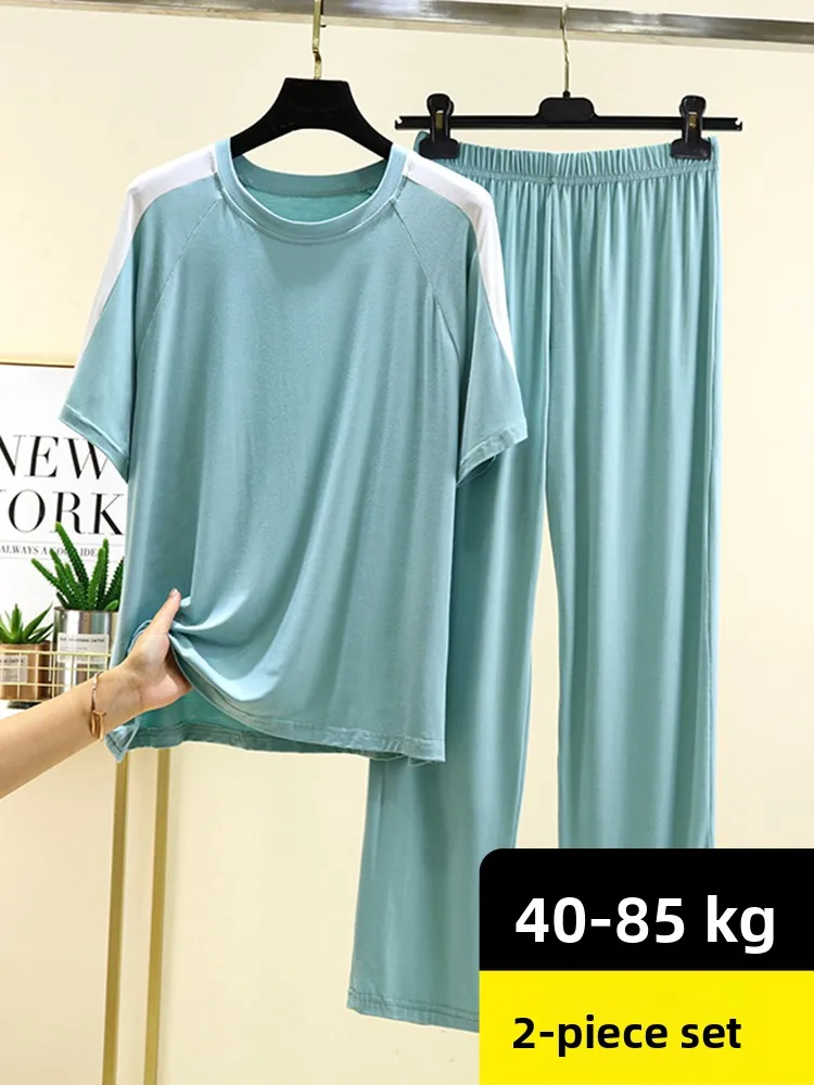 

Modal Short Sleeve Long Pants Set Women Summer Thin round Neck Color Block Home Clothes Outdoor Wear Large Size Air Condition...